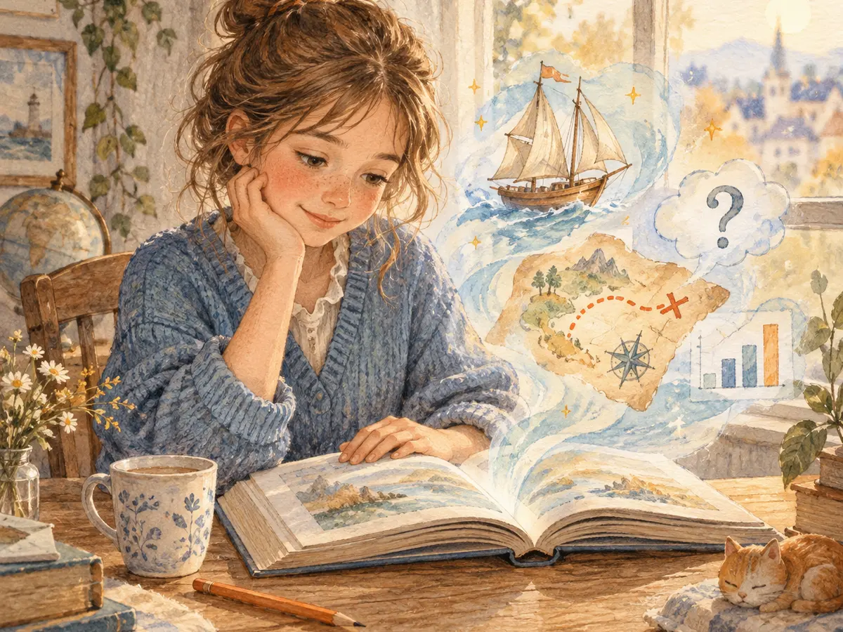 Акварельная иллюстрация: девочка в синем свитере читает раскрытую книгу за столом у окна, а над страницами поднимаются образы прочитанного — парусник, карта с пунктирным маршрутом, диаграмма и облачко со знаком вопроса
