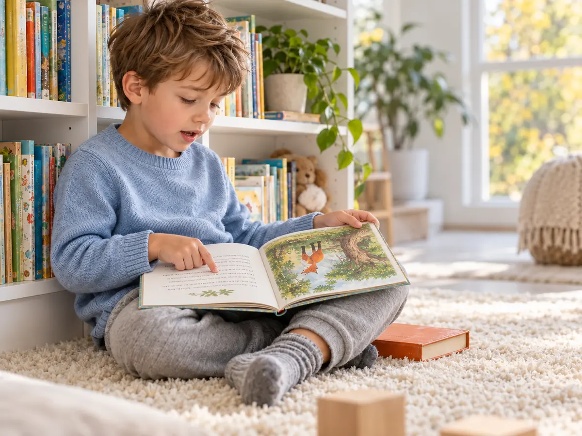 Хлопчик у блакитному светрі сидить на світлому килимі біля книжкового стелажа й читає вголос велику книжку, ведучи пальцем по рядках; на сусідній сторінці ілюстрація з лисицею, поруч на килимі книжка з помаранчевою обкладинкою