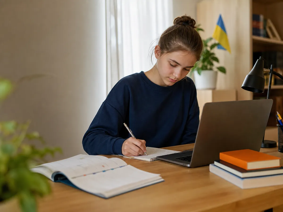 Учениця десятого класу планує дистанційне навчання за ноутбуком
